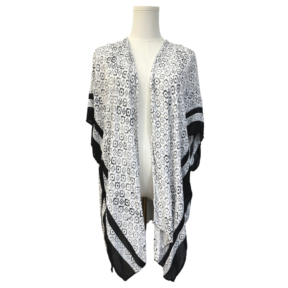 Mario Serrani Geometric Print Kimono Open Front Drape Black White OS Free Size